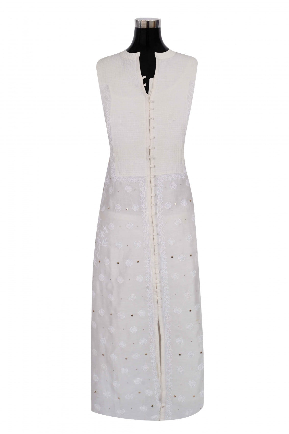 Ada Hand Embroidered Cream Chanderi Lucknowi Chikankari Semi-Stitched Anarkali Kurta Dupatta Set With Muqaish Work A604160