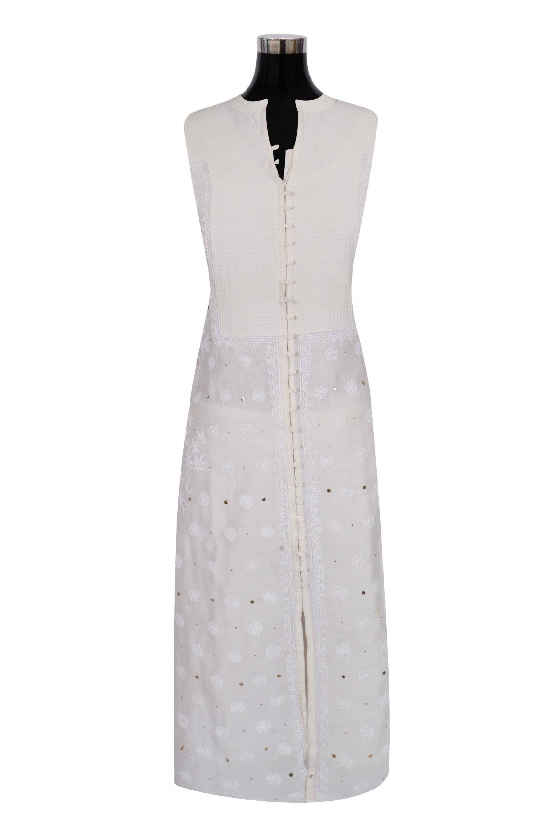 Ada Hand Embroidered Cream Chanderi Lucknowi Chikankari Semi-Stitched Anarkali Kurta Dupatta Set With Muqaish Work A604160