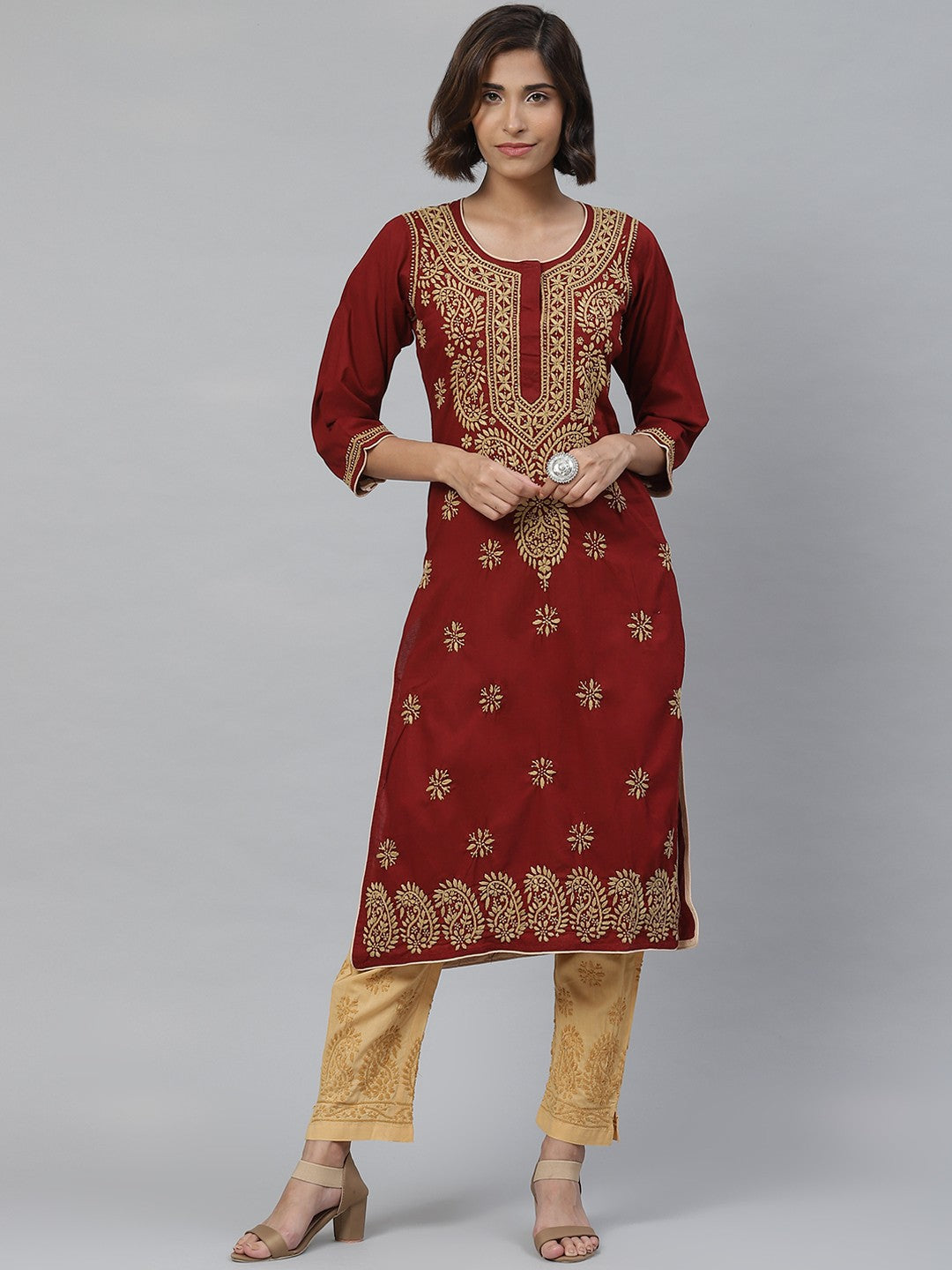 Ada Hand Embroidered Maroon Cotton Lucknowi Chikankari Kurta With Palazzo A811117