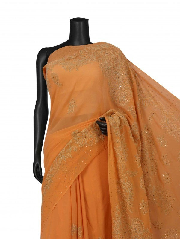 Ada Hand Embroidered Princeton Orange Pure Georgette Lucknowi Chikankari Saree/Blouse With Muqaish Work 01A82976