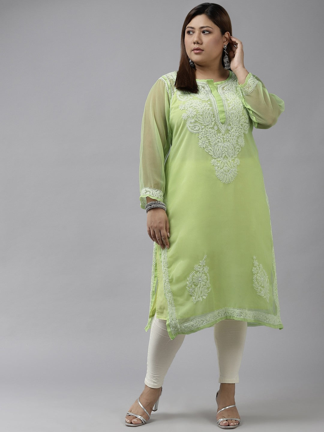 Ada Hand Embroidered Parrot Green Georgette Lucknowi Chikankari Straight Kurta With Slip A411365