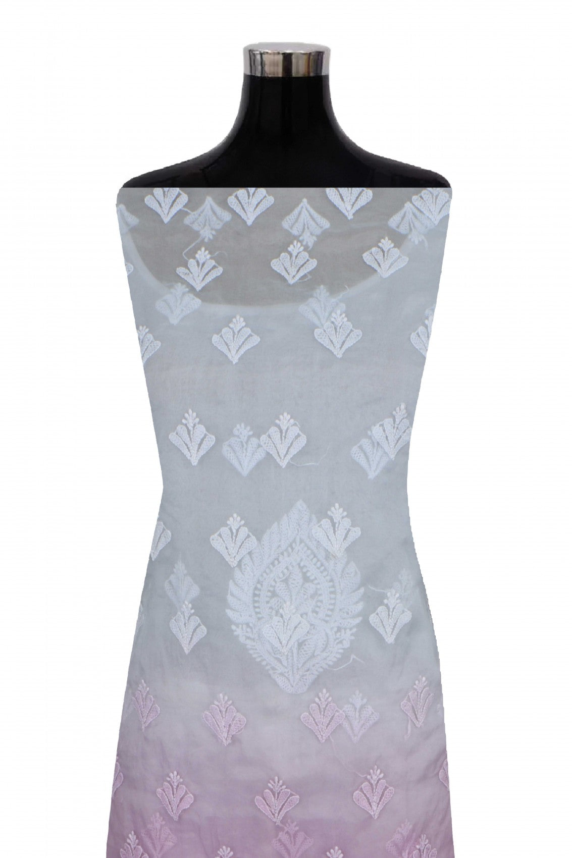 Ada Hand Embroidered Blue And Pink Ombre Shade Organza Lucknowi Chikankari Unstitched Kurta Dupatta Set 01A270924