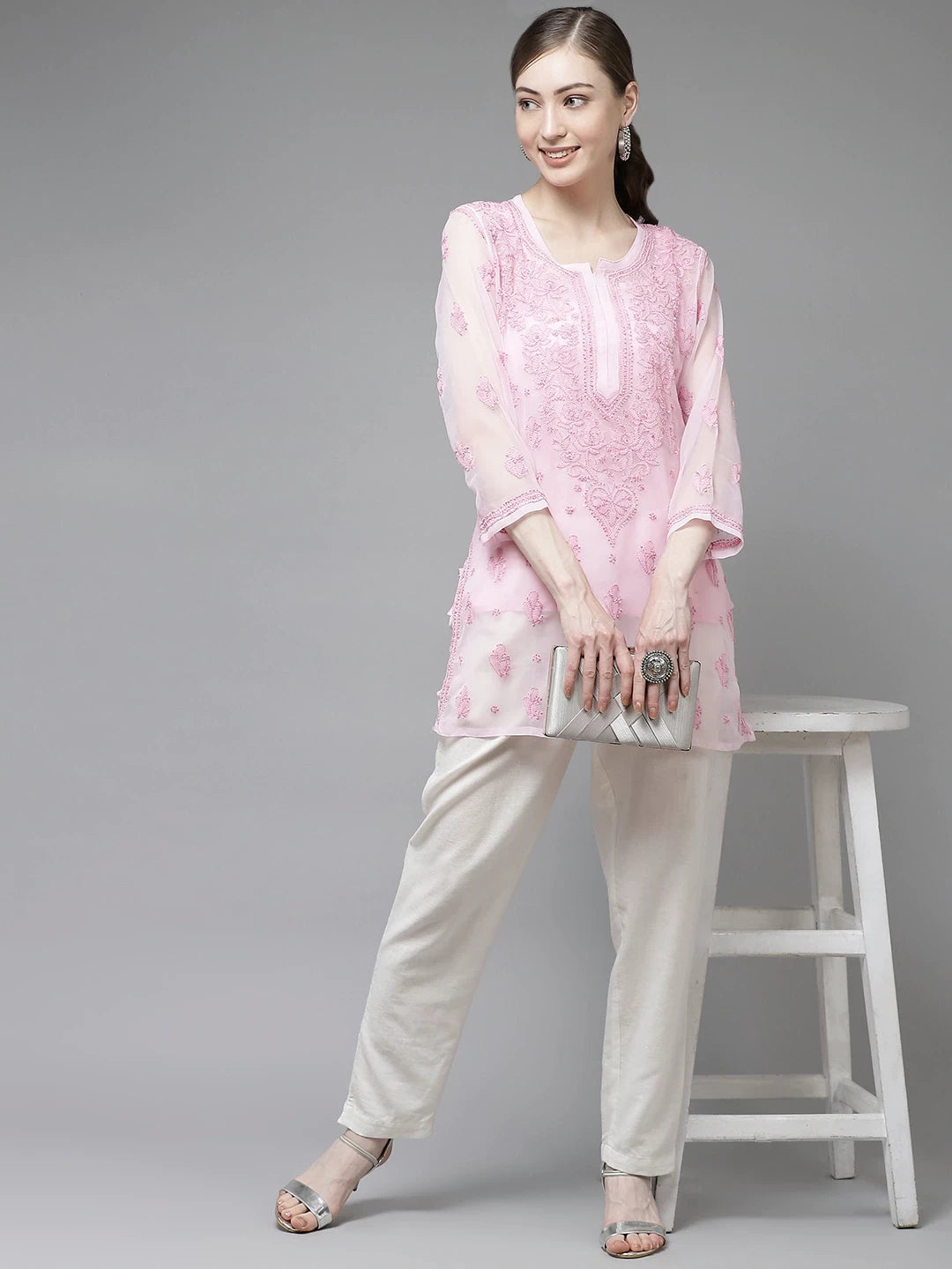 Ada Hand Embroidered Pink Georgette Lucknow Chikan Kurti With slip-A911138