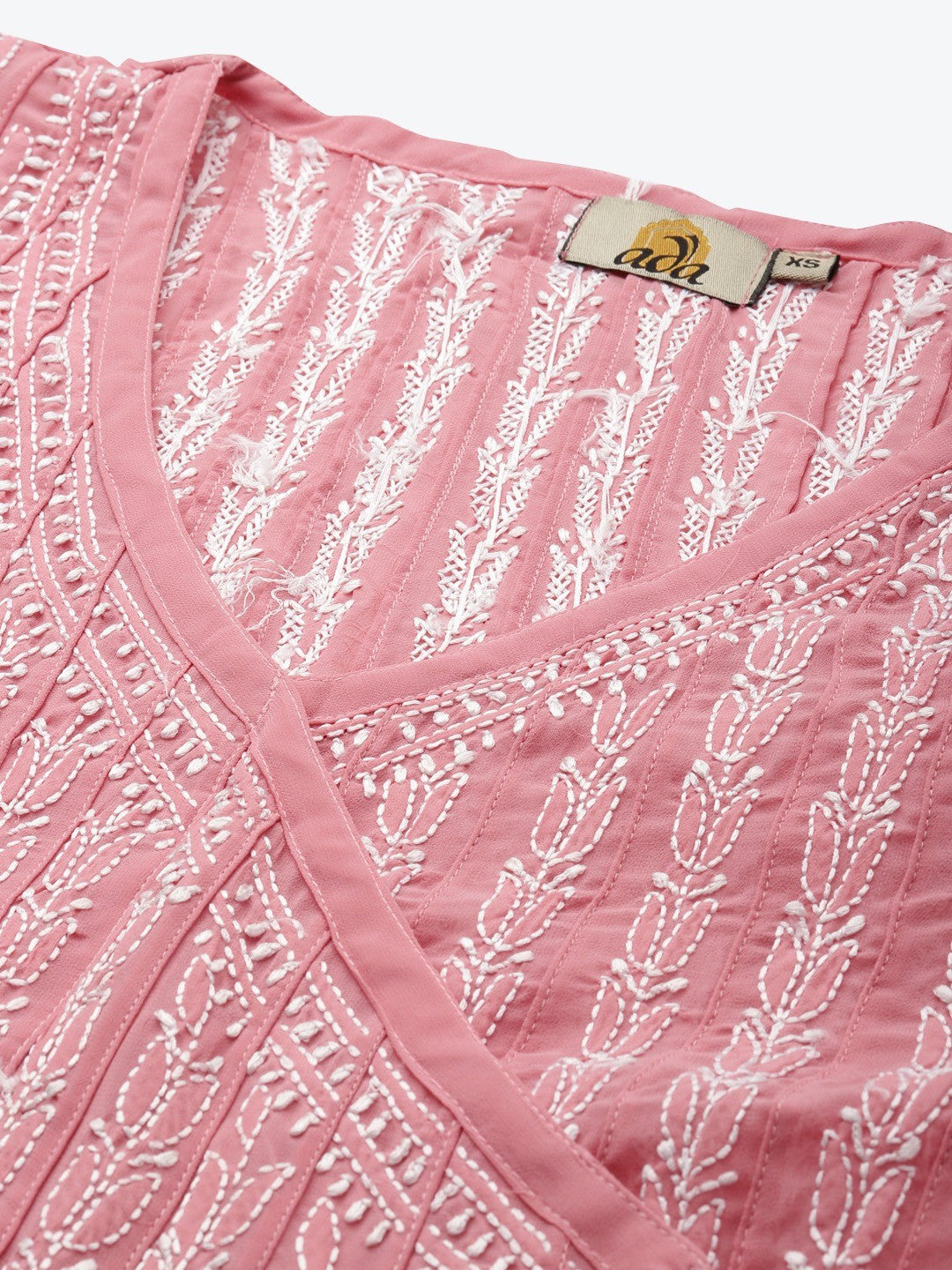 Ada Hand Embroidered Onion Pink Georgette Lucknow Chikankari Anarkali Kurta - A411226