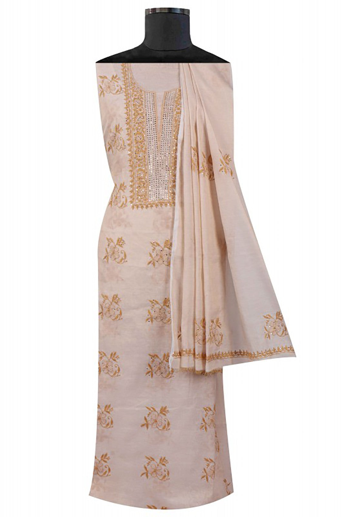 Ada Hand Embroidered Natural Fawn Tissue Lucknowi Chikankari Unstitched Suit Piece With Muqaish Work 01A27069