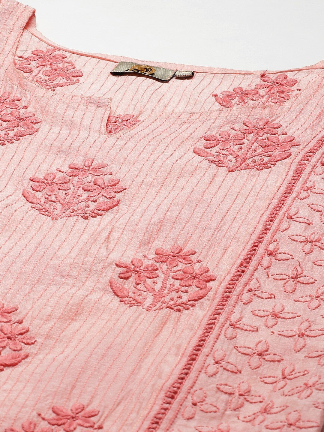 Ada Hand Embroidered Peach Chanderi Lucknow Chikankari Kurta-A411312
