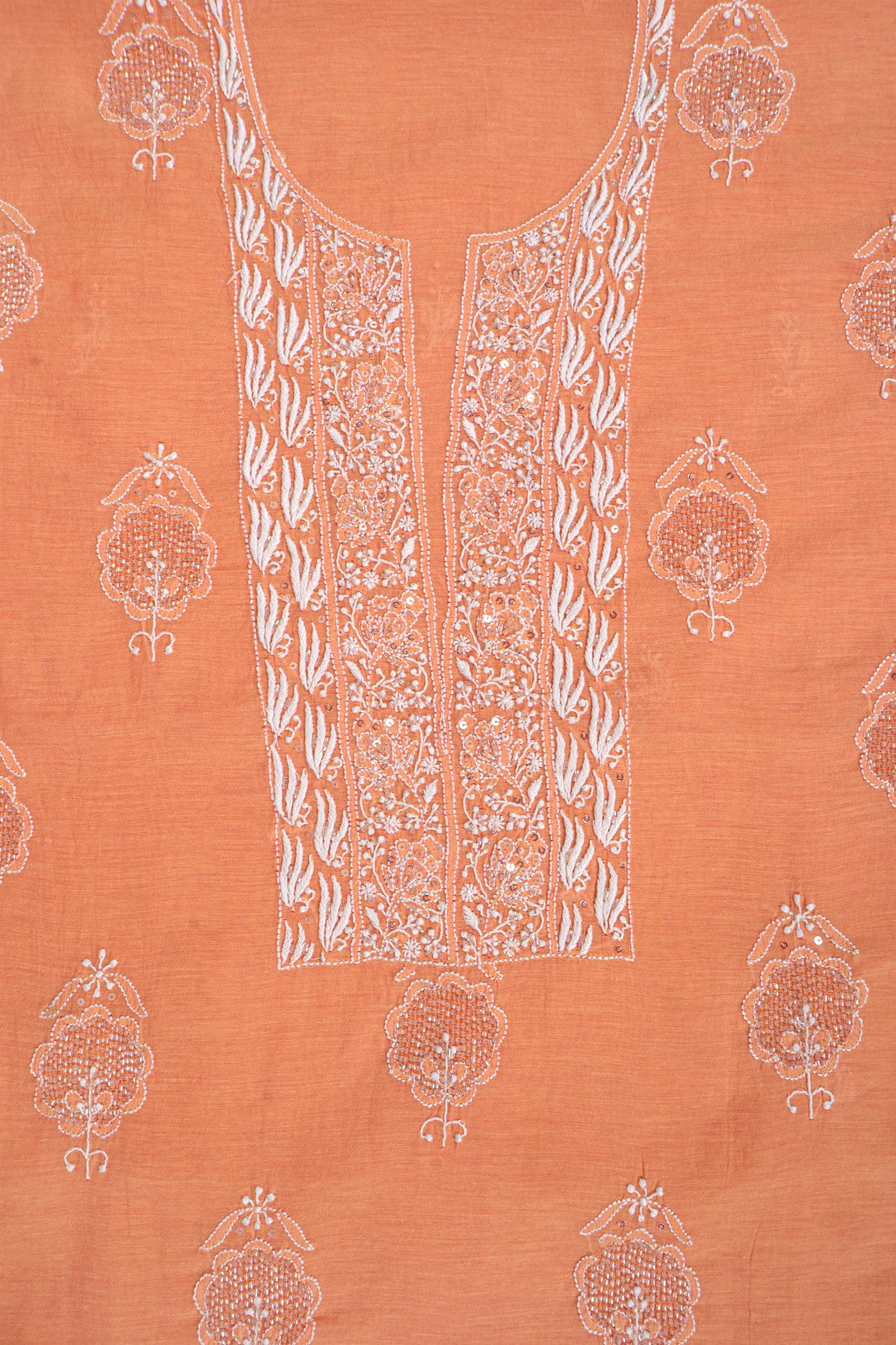 Ada Hand Embroidered Peach Chanderi Lucknowi Chikankari Unstitched Kurta Dupatta Set With Cutdana Work 01A196838
