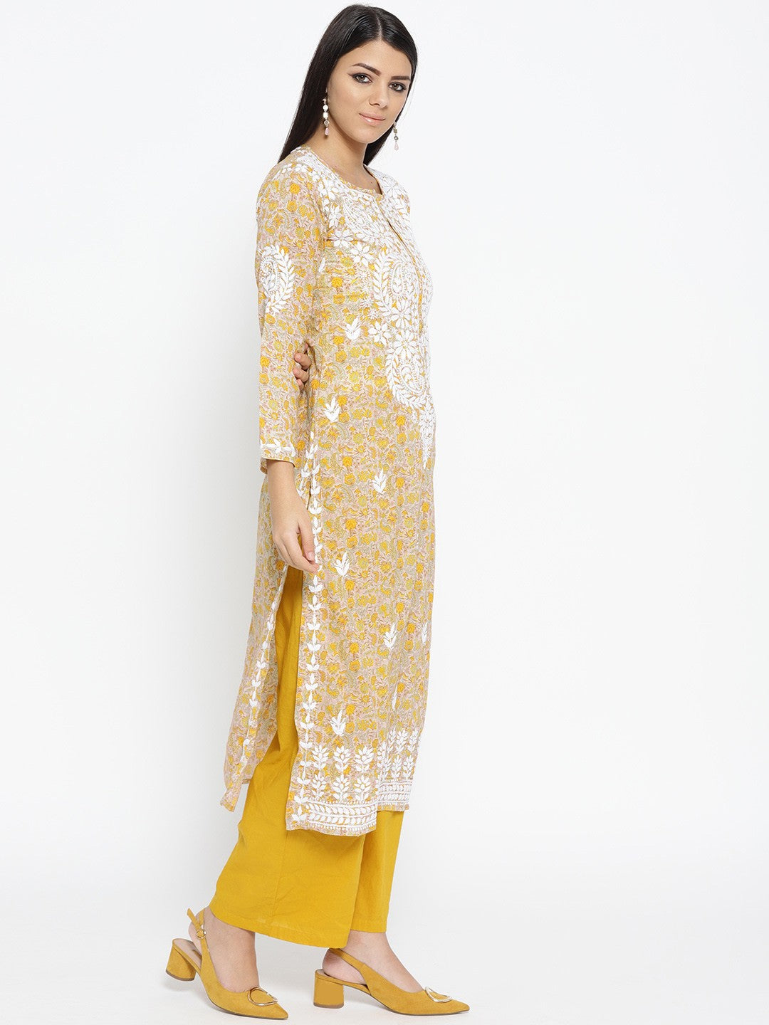 Ada Hand Embroidered Fawn Yellow Cotton Lucknowi Chikankari Straight Kurta  A100040