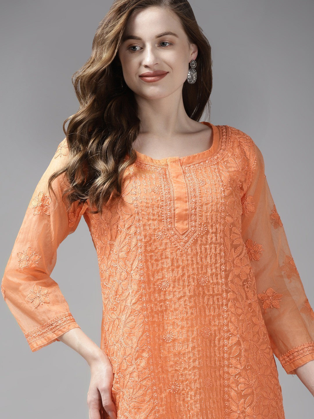 Ada Hand Embroidered Orange Organza Lucknowi Chikankari Kurti With Slip A911163