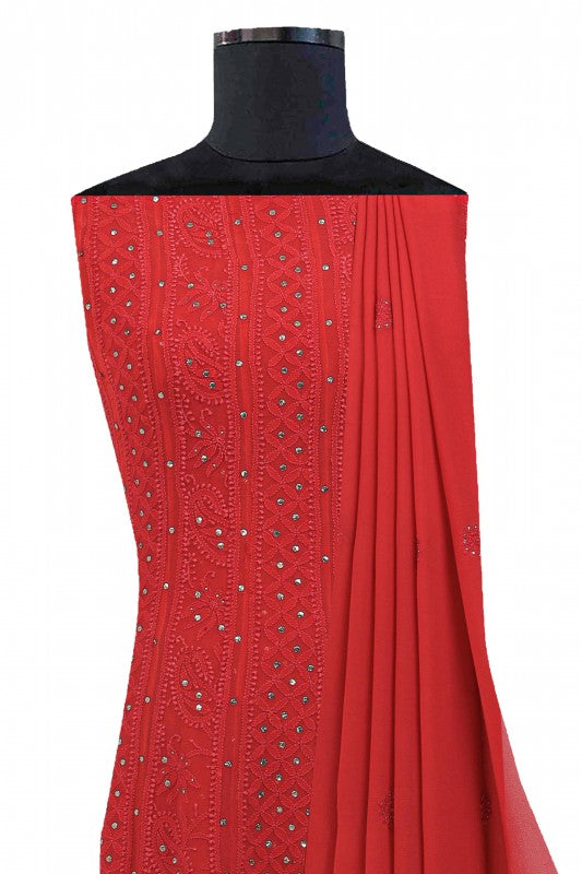 Ada Hand Embroidered Red Pure Georgette Lucknowi Chikankari Semi-stitched Anarkali Kurta Dupatta Set With Muqaish Work- A578342