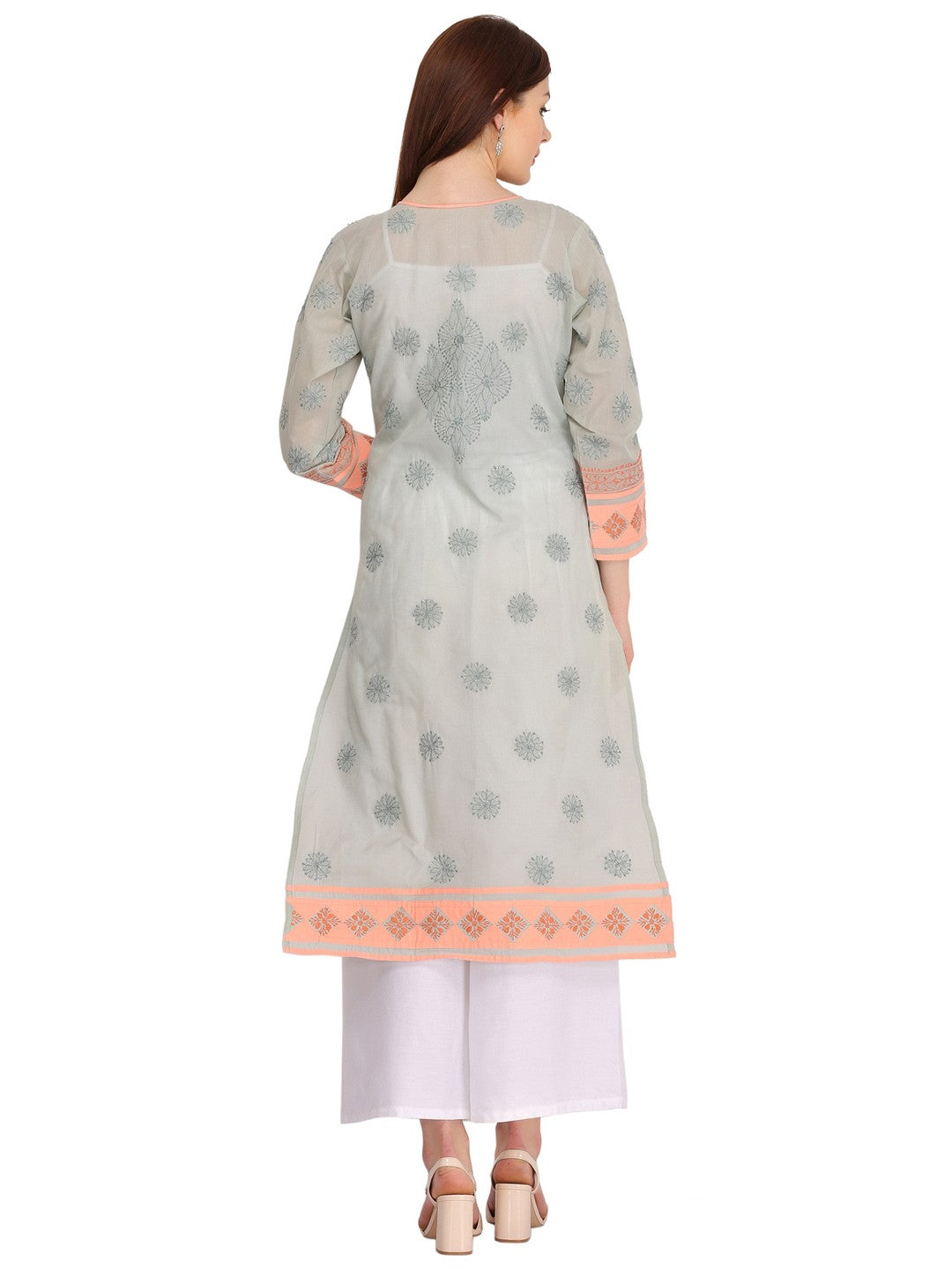 Ada Hand Embroidered Grey Cotton Lucknow Chikan Straight Kurta- A273530
