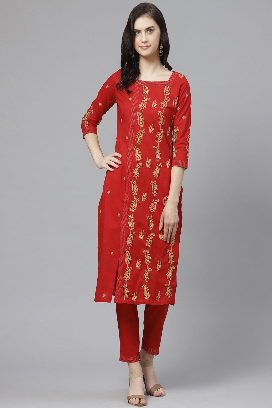 Ada Hand Embroidered Red Cotton Lucknowi Chikankari Kurta/Trouser Set with Muqaish Work A100327