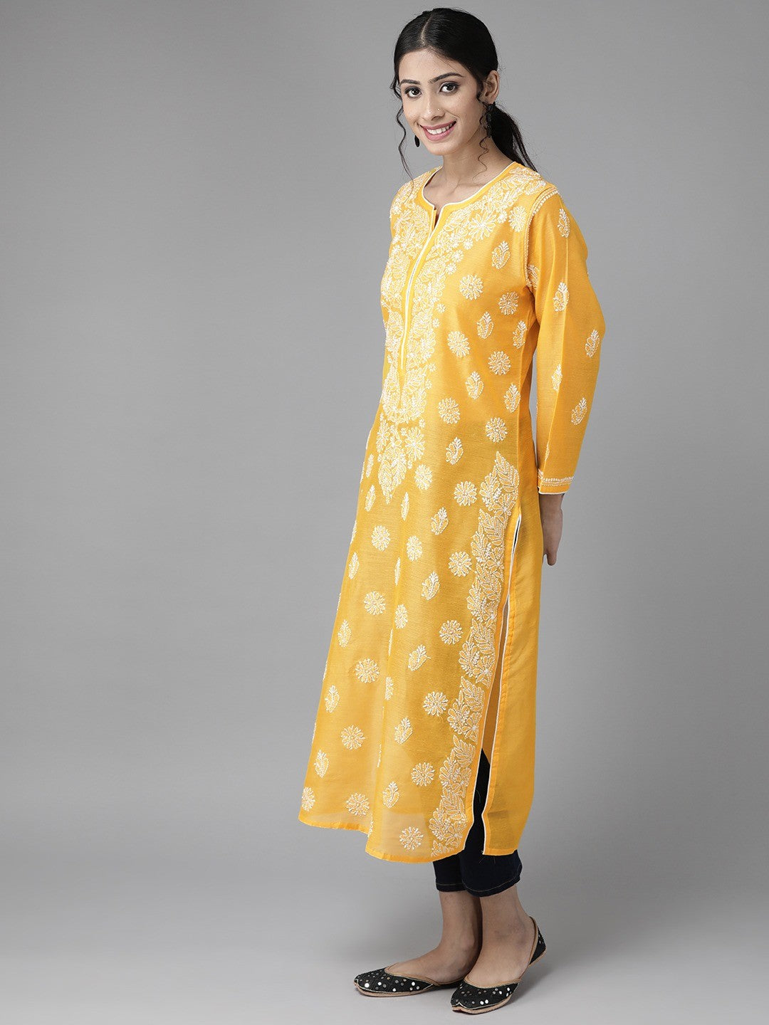 Ada Hand Embroidered Yellow Chanderi Lucknow Chikankari Straight Kurta A411175