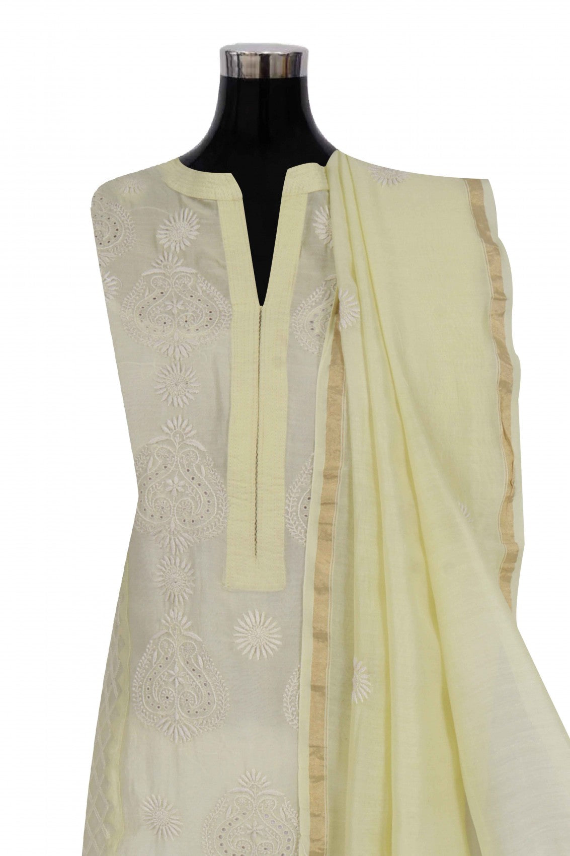 Ada Hand Embroidered Lemon Chanderi Lucknowi Chikankari Semi-Stitched Anarkali Kurta Dupatta Set A497281