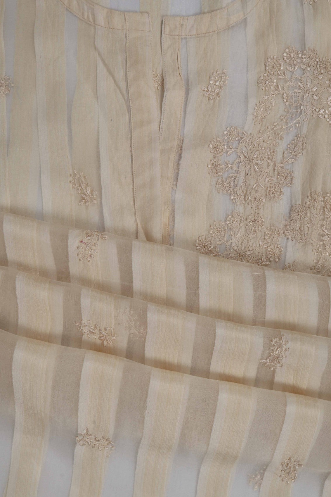 Ada Hand Embroidered Cream Silk Lucknowi Chikan Semi stitched Kurta Piece A623429