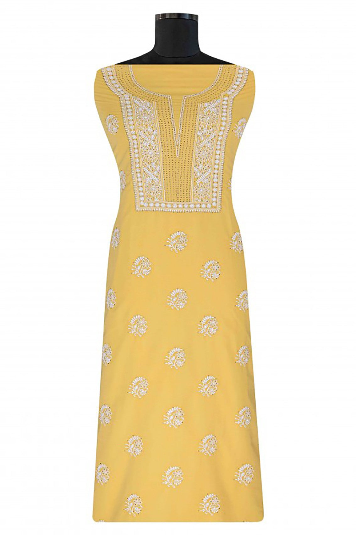 Ada Hand Embroidered Yellow Cotton Lucknowi Chikankari Unstitched Suit Piece With Muqaish Work A577384