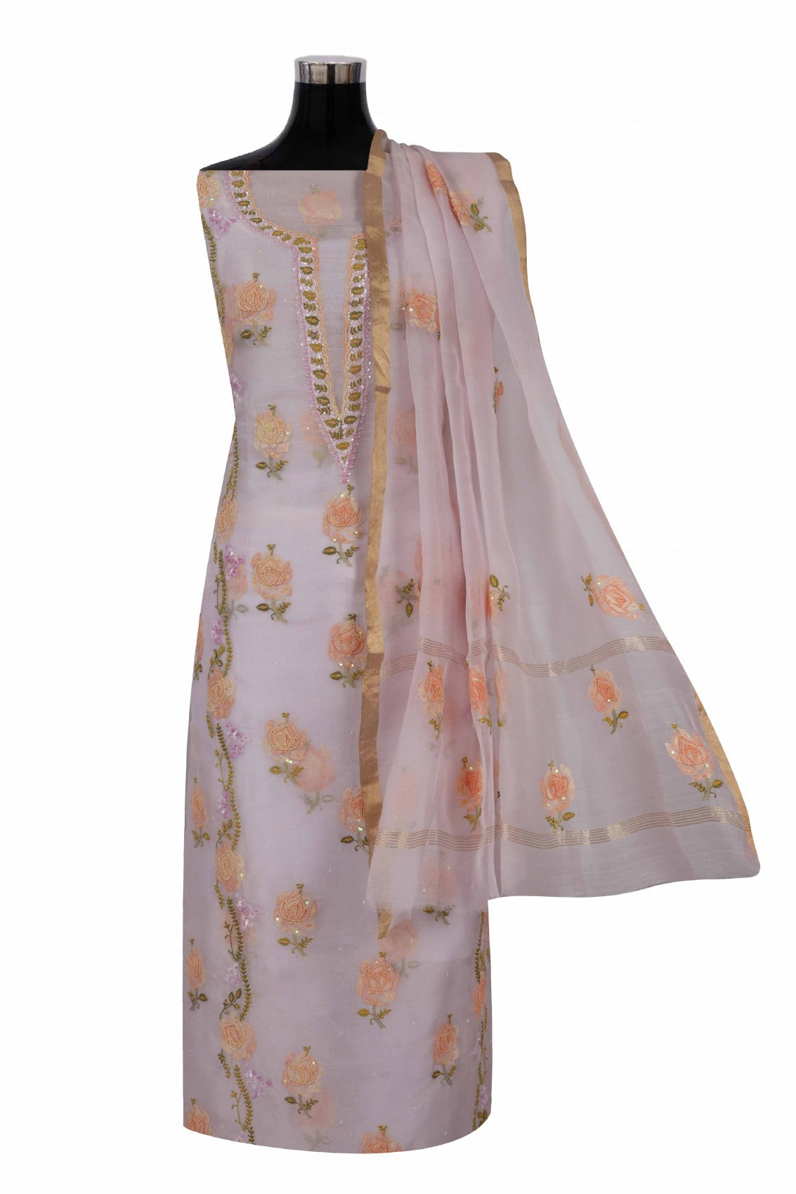 Ada Hand Embroidered Light Mauve Organza Lucknowi Chikankari Unstitched Kurta Dupatta Set With Pearl Work 01A140637