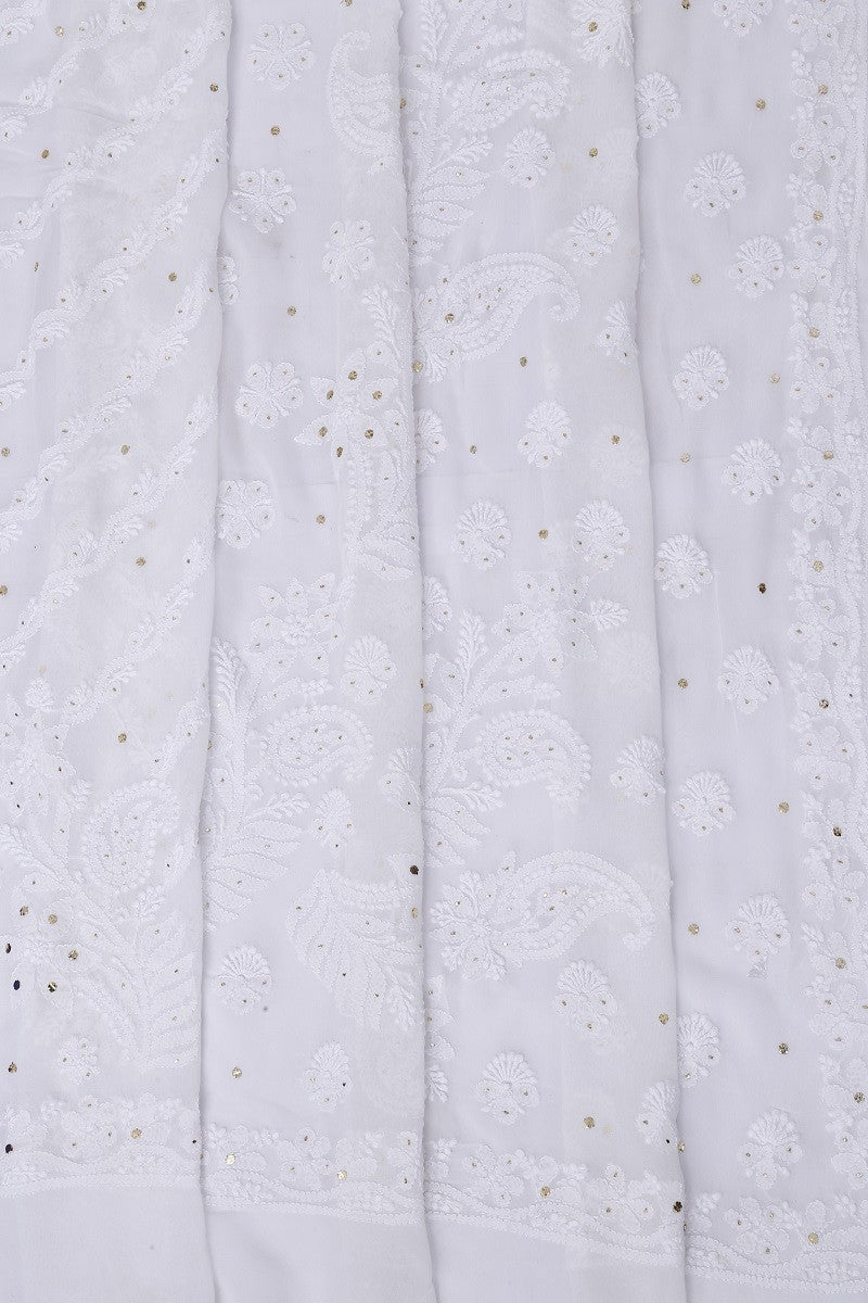 Ada Hand Embroidered White Georgette Lucknowi Chikankari Saree/Blouse With Muqaish Work- A619746