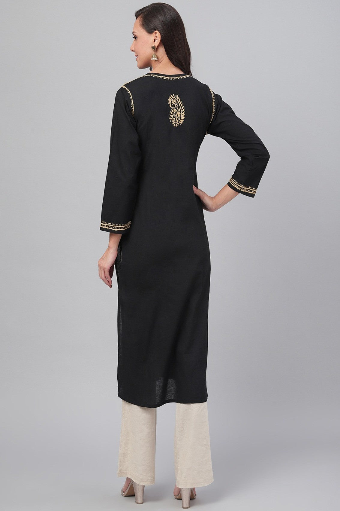 Ada Hand Embroidered Black Cotton Lucknowi Chikankari Straight Kurta A207632