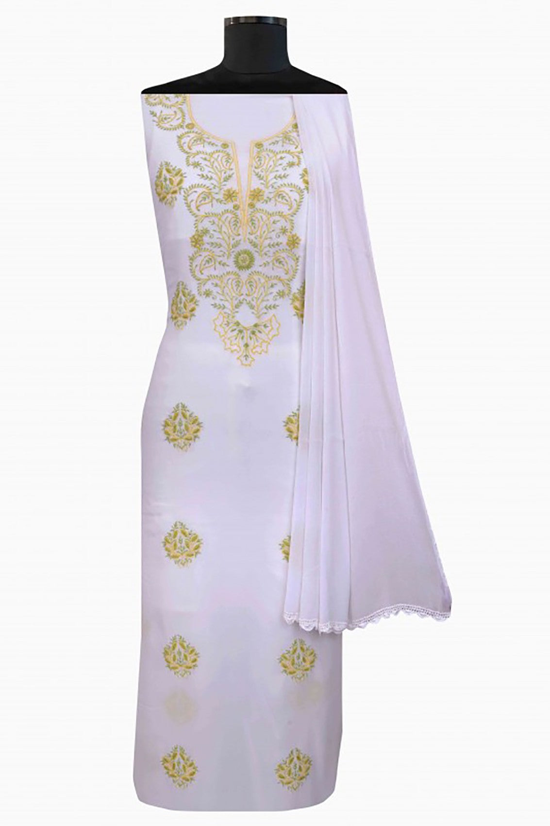Ada Hand Embroidered White Georgette Lucknowi Chikankari Unstitched Kurta Dupatta Set A442515
