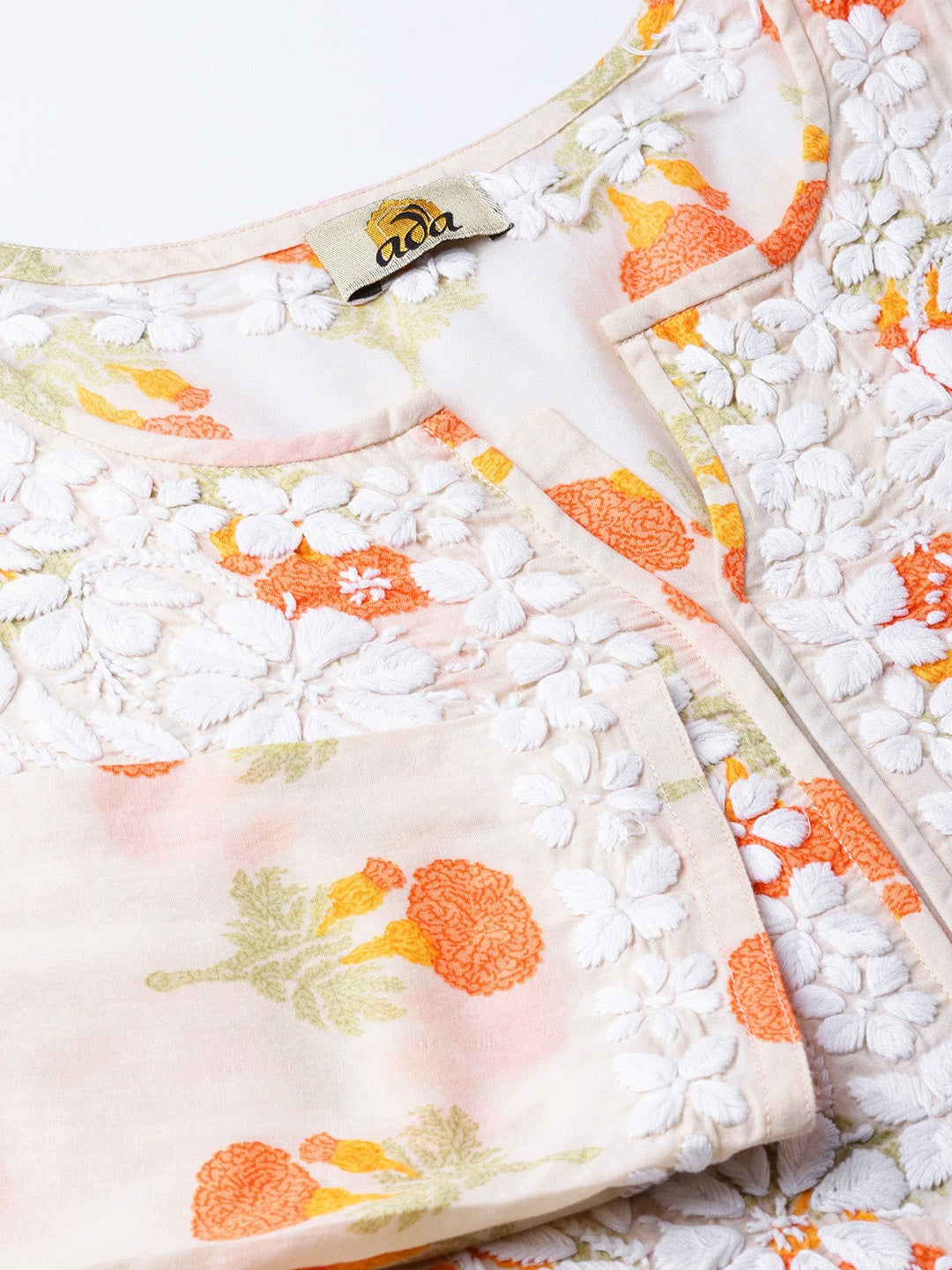 Ada Hand Embroidered Fawn Orange Cotton Lucknowi Chikankari Straight Kurta- A100035
