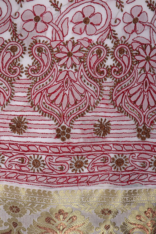 Ada Hand Embroidered White Georgette Lucknowi Chikan Unstitched Kurta Piece A117825