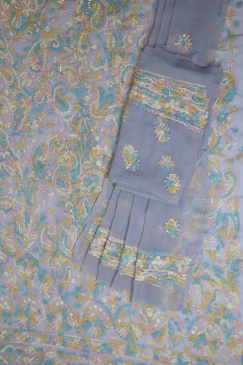Ada Hand Embroidered Grey Georgette Lucknowi Chikankari Unstitched Suit Piece A211197