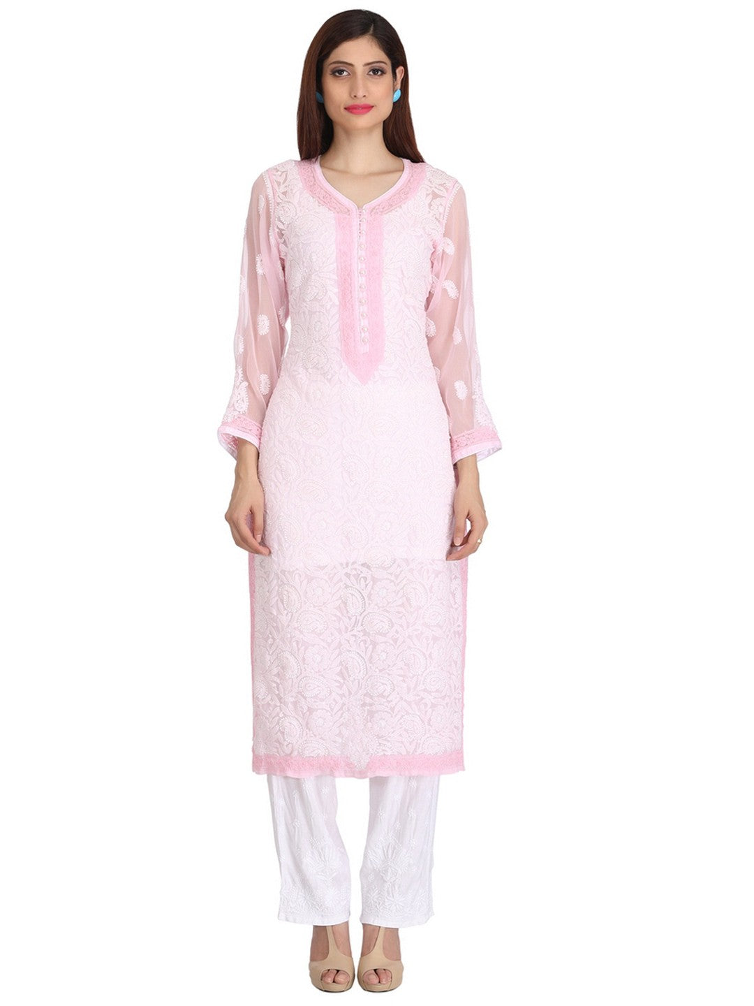 Ada Hand Embroidered Pink Faux Georgette Lucknowi Chikankari Straight  Kurta with Slip A225697