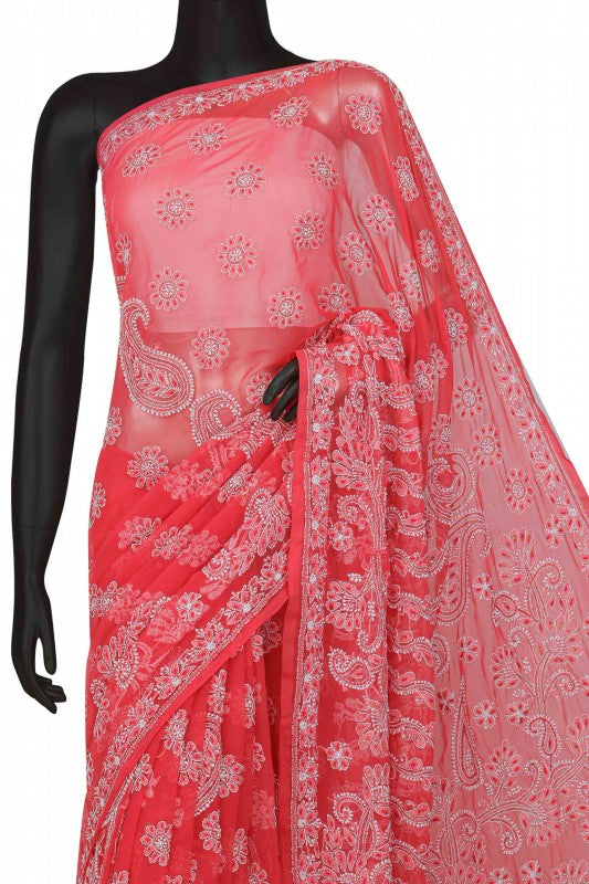Ada Hand Embroidered Carrot Pink Georgette Lucknowi Chikankari Saree/Blouse With Pearl Work A599489