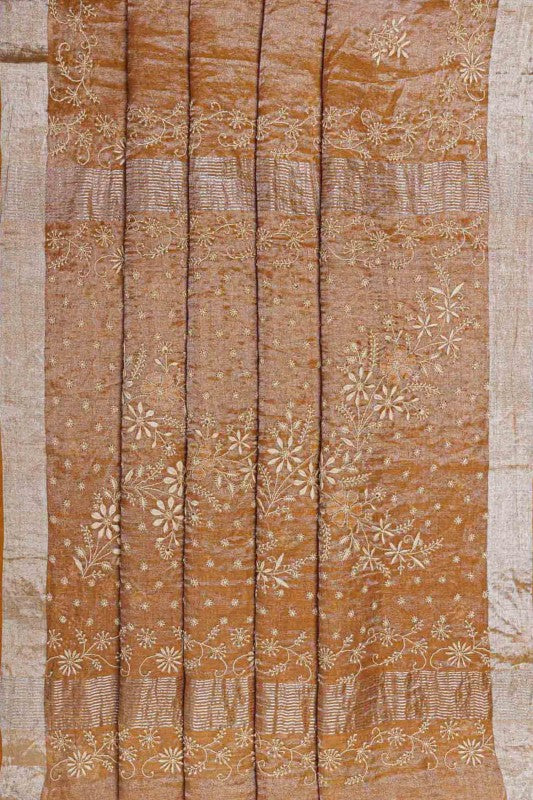 Ada Hand Embroidered Copper Brown Tissue Lucknow Chikan Saree With Blouse-A615150