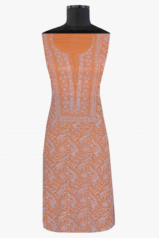 Ada Hand Embroidered Rust Pure Georgette Lucknowi Chikan Unstitched Kurta Dupatta A557083