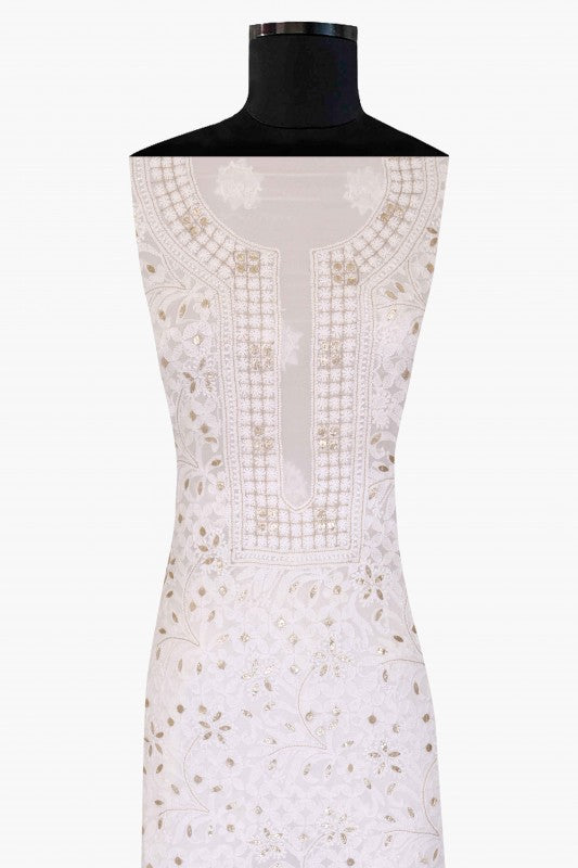 Ada Hand Embroidered White Georgette Chikan Unstitched Kurta Piece- A619732