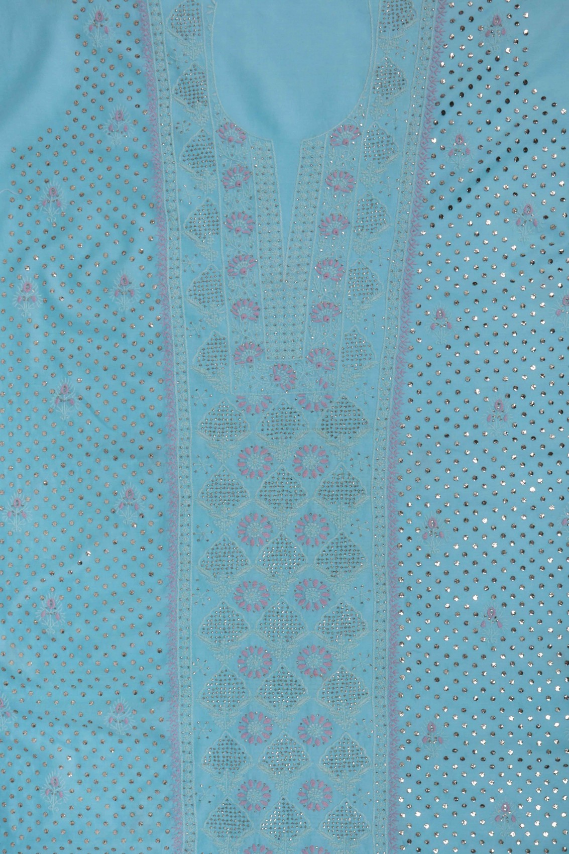 Ada Hand Embroidered Sky Blue Chanderi Lucknowi Chikankari Unstitched Suit Piece With Muqaish Work 01A195541