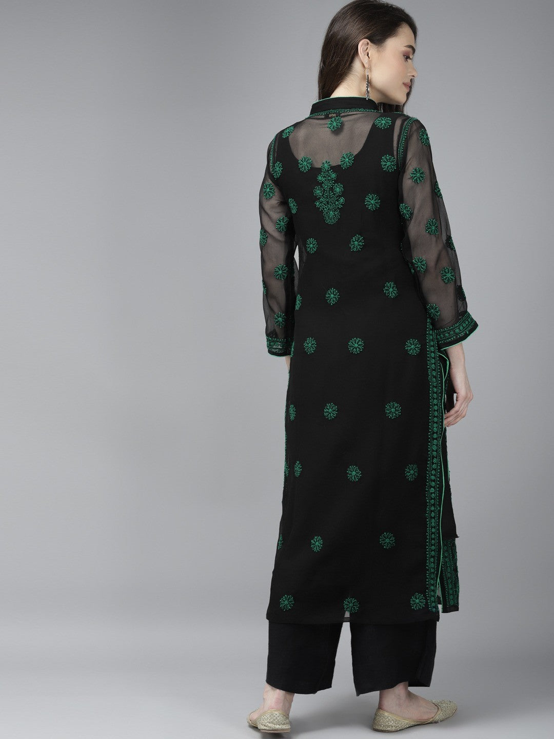 Ada Hand Embroidered Black Georgette Lucknow Chikankari Kurta with Slip A224003