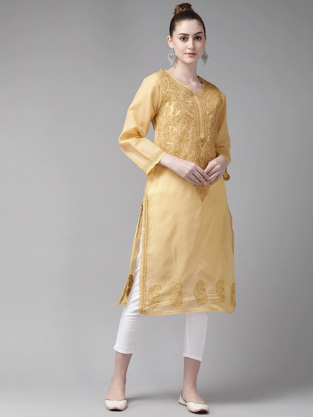 Ada Hand Embroidered Fawn Cotton Lucknowi Chikankari Straight Kurta Set A811189