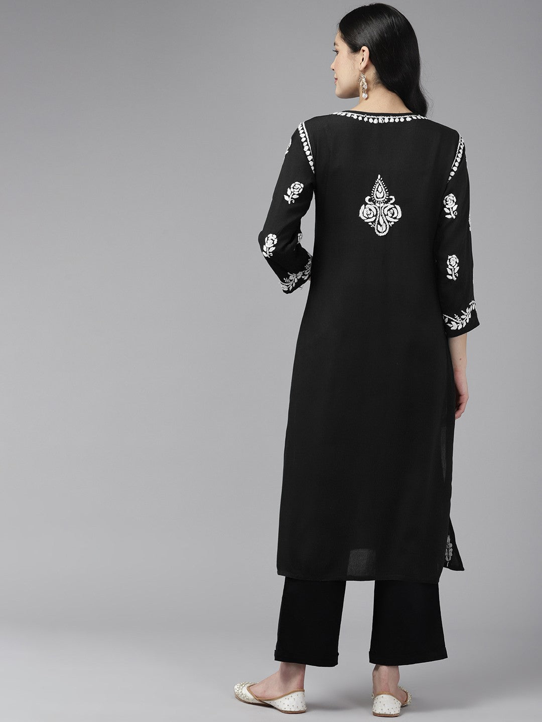 Ada Hand Embroidered Black Rayon Lucknowi Chikankari Straight Kurta A411449