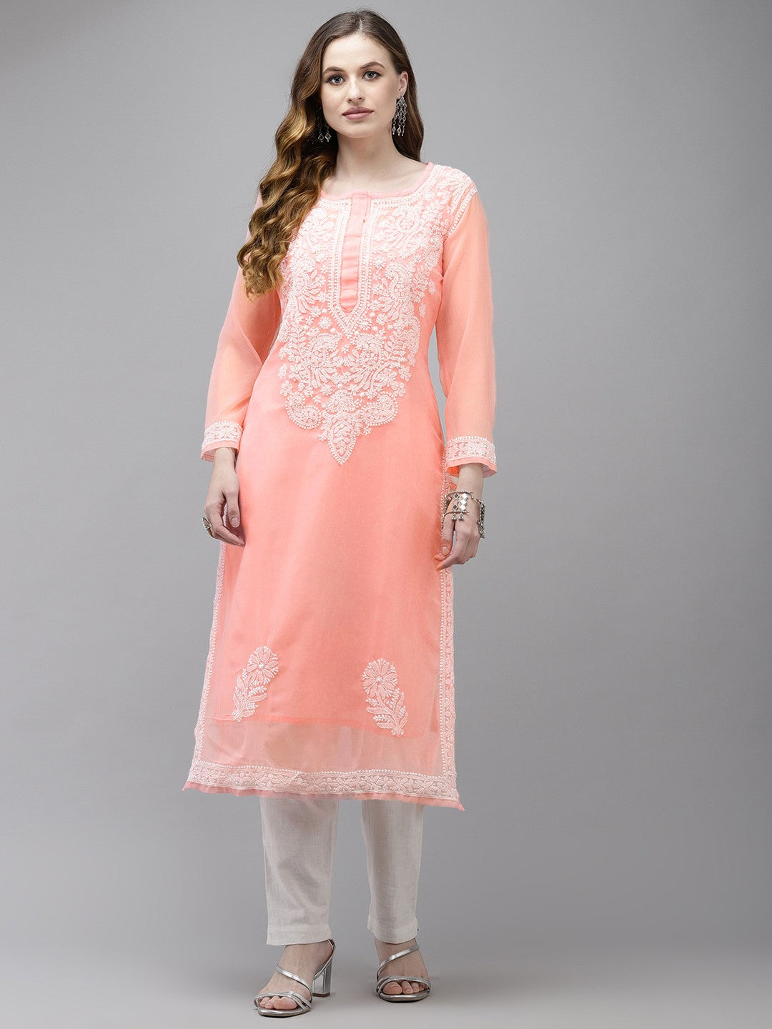 Ada Hand Embroidered Peach Georgette Lucknow Chikan Straight Kurta with Slip A411360