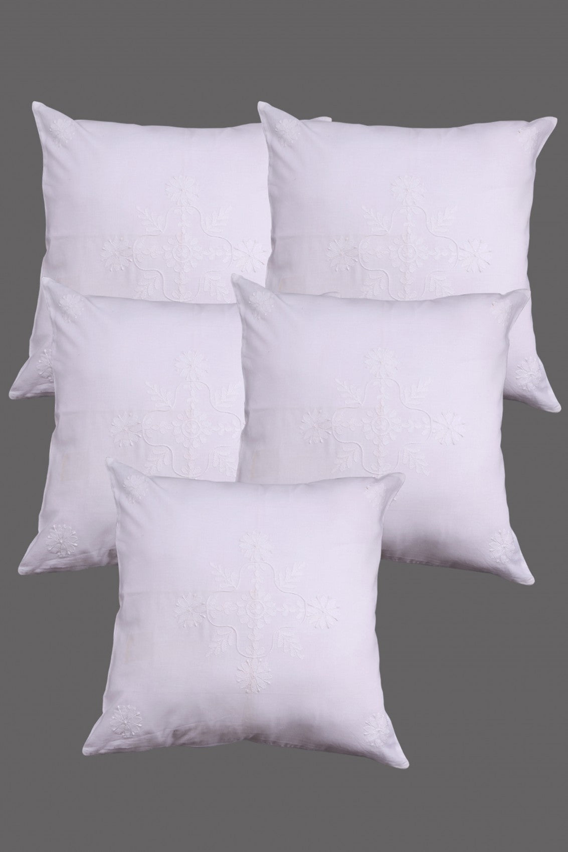 Ada Hand Embroidered White Cotton Lucknowi Chikankari Cushion Cover Set Of 5 A422933