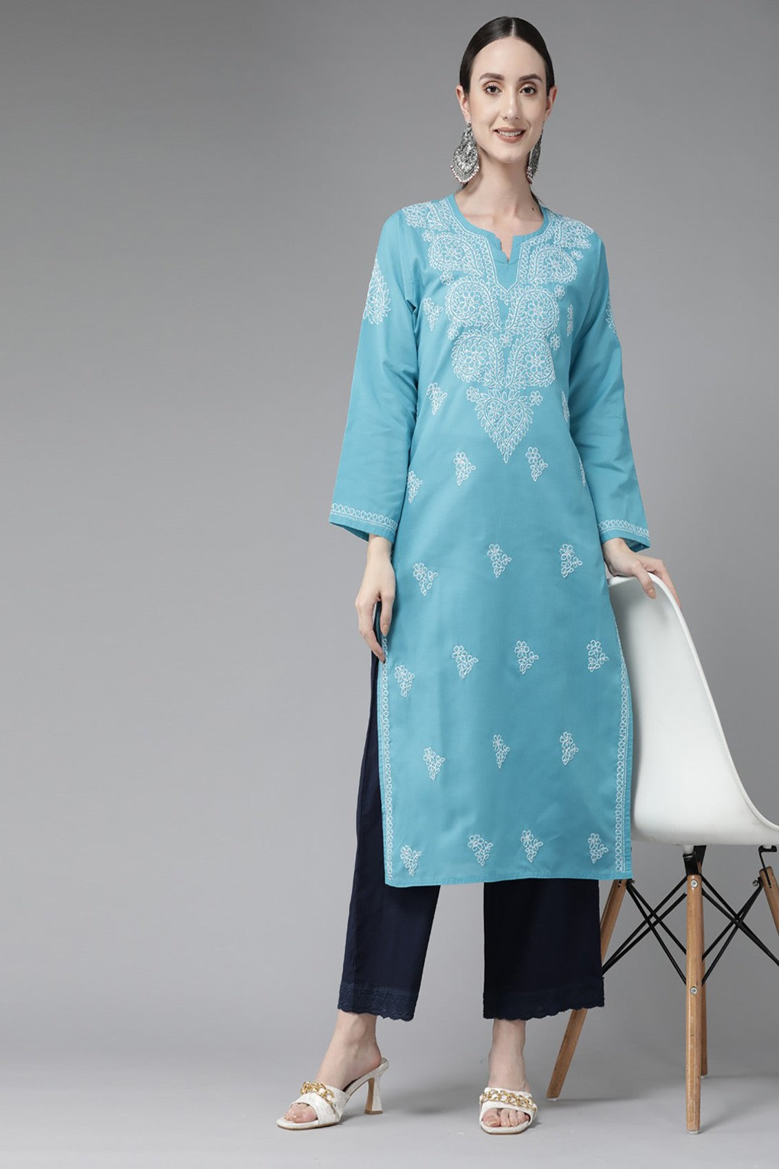 Ada Hand Embroidered Blue Cotton Lucknowi Chikankari Straight Kurta A197497