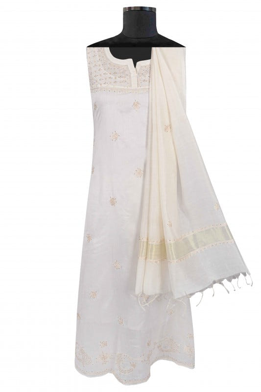 Ada Hand Embroidered Cream Chanderi Lucknowi Chikankari Semi-Stitched Anarkali Kurta Dupatta Set With Muqaish Work A623444