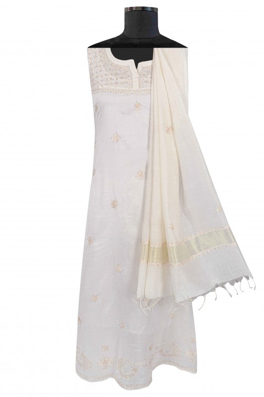 Ada Hand Embroidered Cream Chanderi Lucknowi Chikankari Semi-Stitched Anarkali Kurta Dupatta Set With Muqaish Work A623444