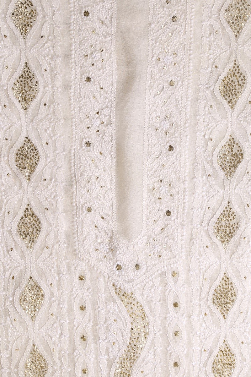 Ada Hand Embroidered White Pure Georgette Lucknowi Chikan Unstitched Men's Kurta Piece With Muqaish Work-A604624