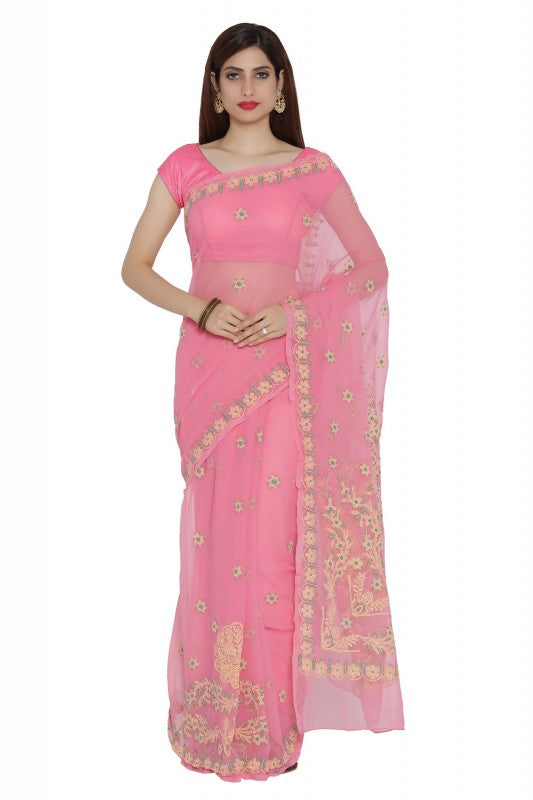 Ada Hand Embroidered Pink Georgette Lucknow Chikan Saree with Blouse A204981
