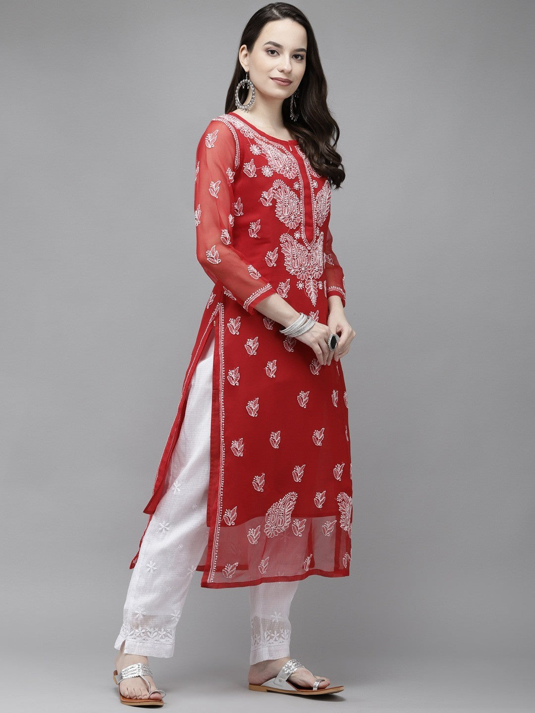 Ada Hand Embroidered Red Georgette Lucknowi Chikankari Straight Kurta With Slip A411289
