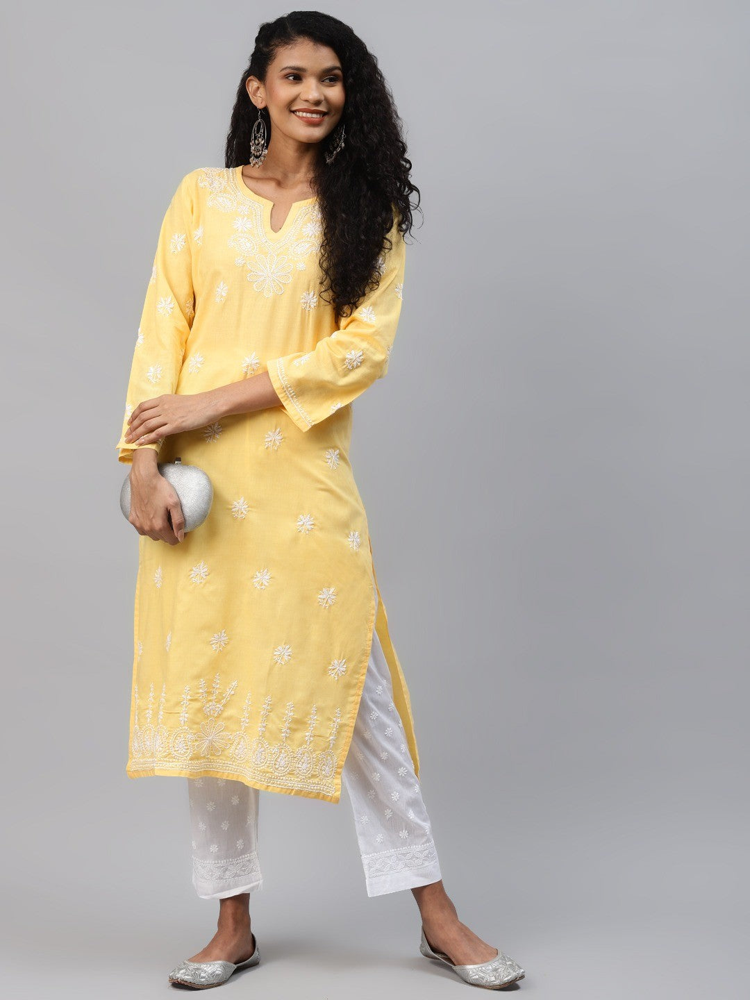Ada Hand Embroidered Yellow Cotton Lucknowi Chikankari Straight Kurta Set A811196