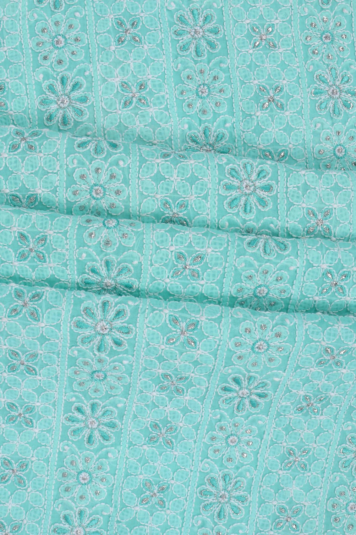 Ada Hand Embroidered Sea Green Cotton Lucknowi Chikankari Unstitched Suit Piece With Silver Lurex 01A220599