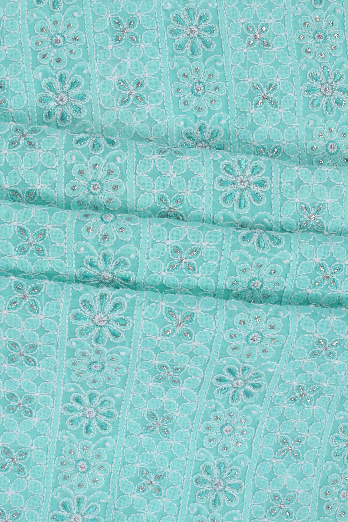 Ada Hand Embroidered Sea Green Cotton Lucknowi Chikankari Unstitched Suit Piece With Silver Lurex 01A220599