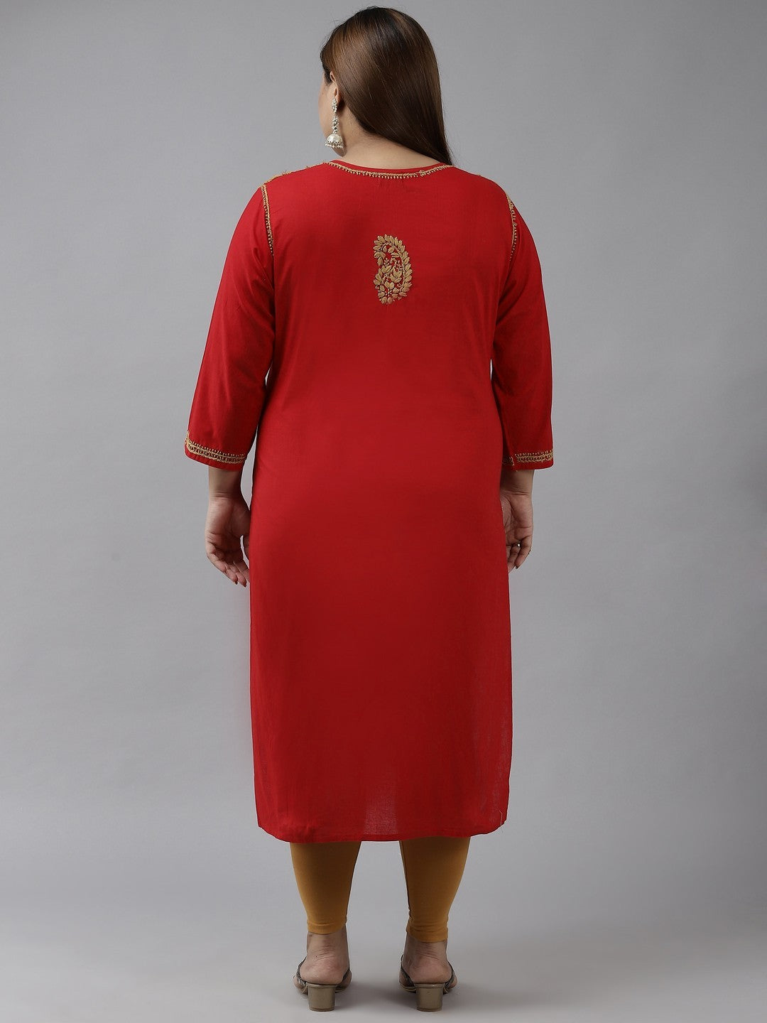 Ada Hand Embroidered Red Cotton Lucknowi Chikankari Straight Kurta A188271