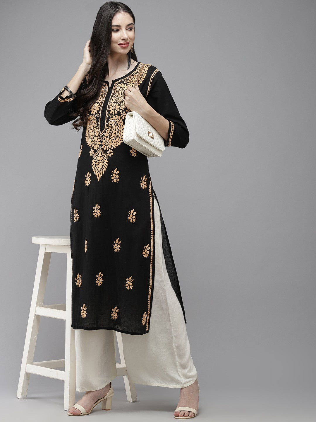 Ada Hand Embroidered Black Cotton Lucknow Chikankari Kurta A411276