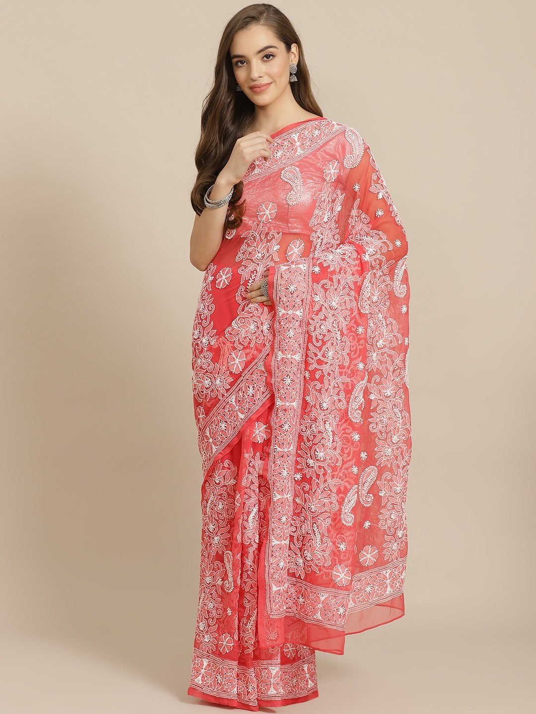 Ada Hand Embroidered Red Georgette Lucknow Chikan Saree with Blouse A311294